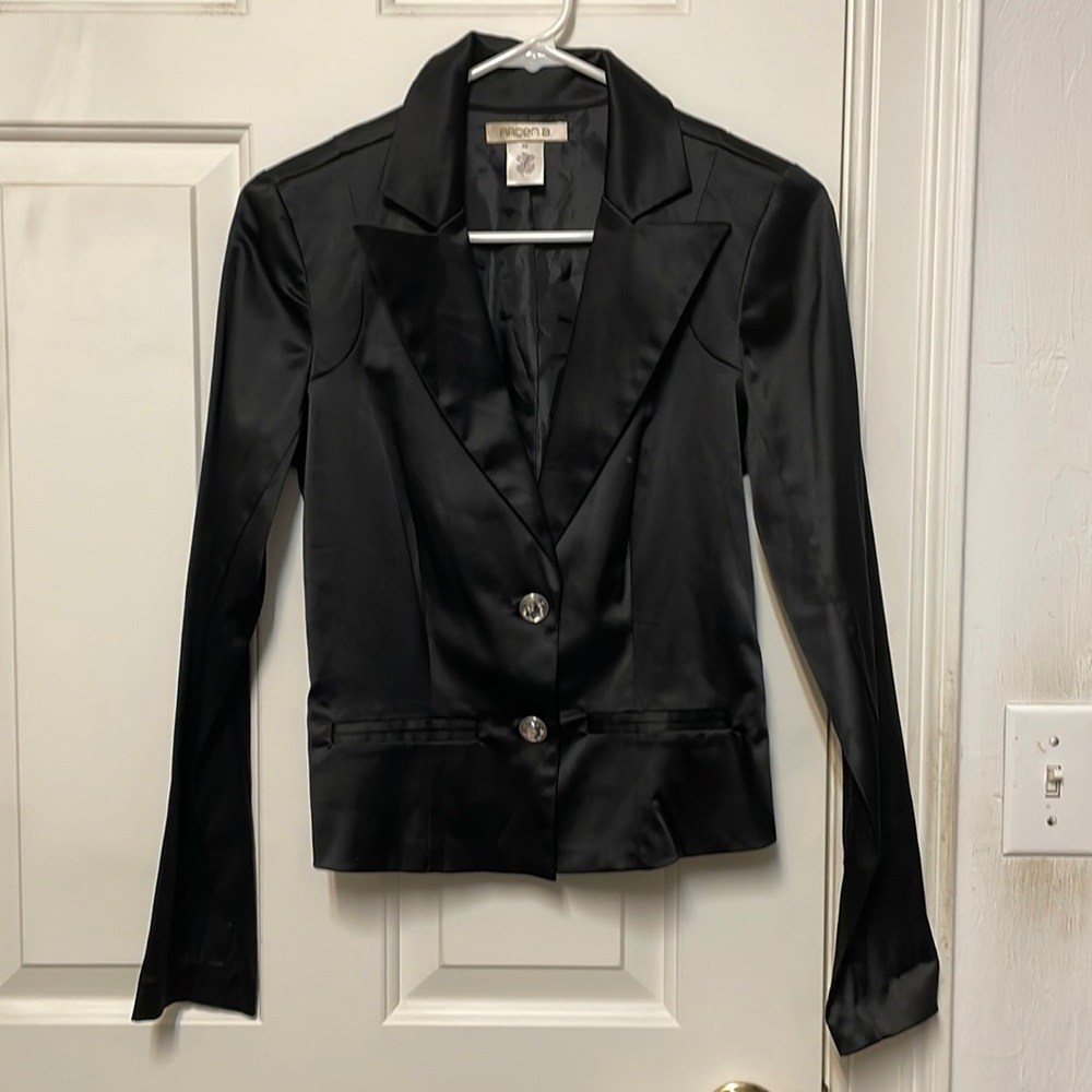 Arden B elegant black satin blazer with rhinestone buttons